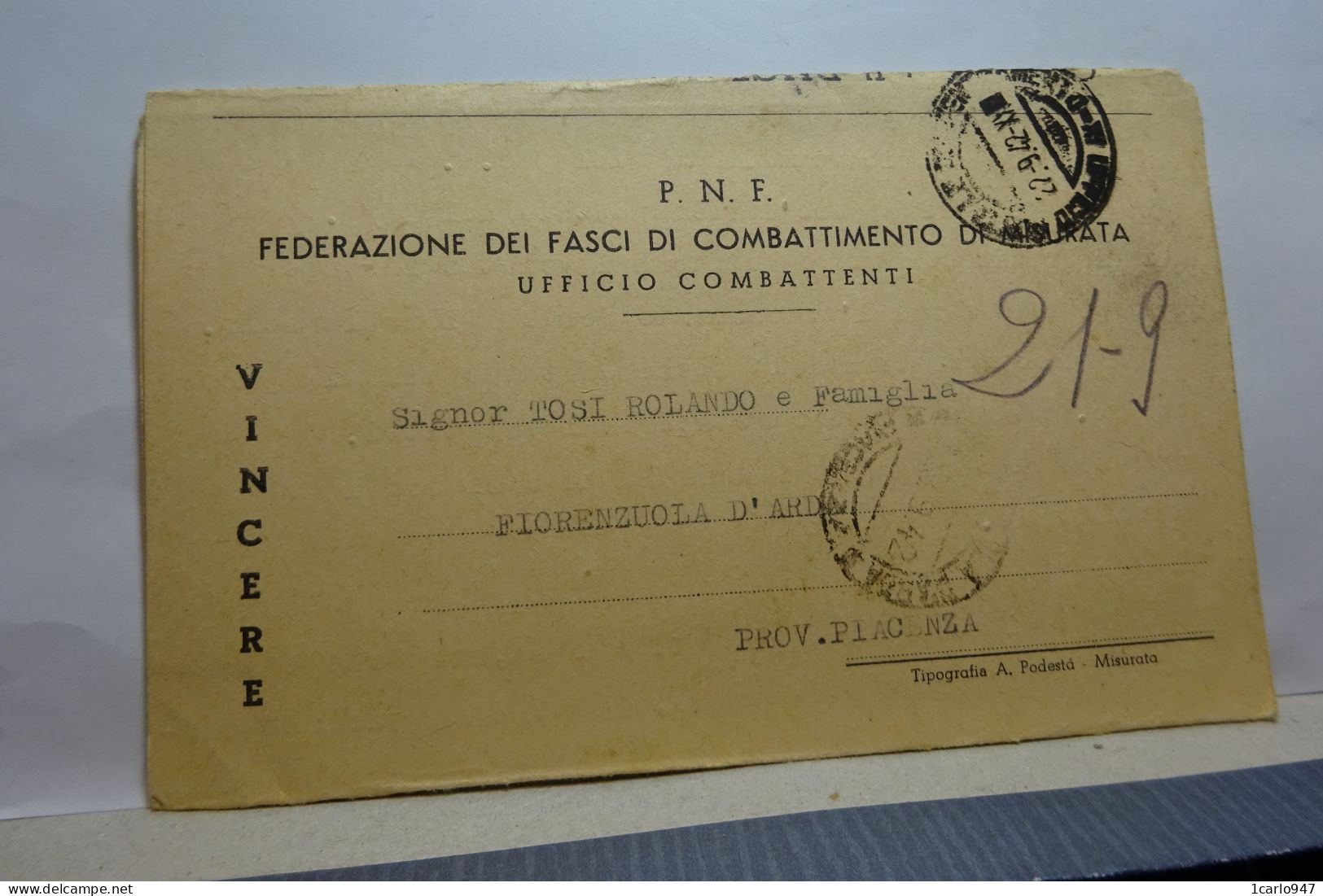 II° GUERRA  --  FRANCHIGIA  MILITARE  --  P.N.F. - FASCIO DI COMBATTIMENTO DI MISURATA - Guerre 1939-45