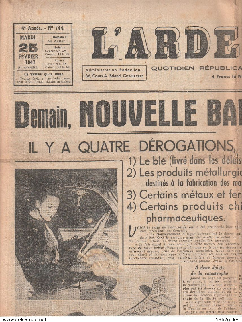 08 - ARDENNES JOURNAL L'ARDENNAIS 1946 1947 CHARLEVILLE MEZIERES SEDAN ROCROI VOUZIERS RETHEL GIVET CARIGNAN - 1901-1940