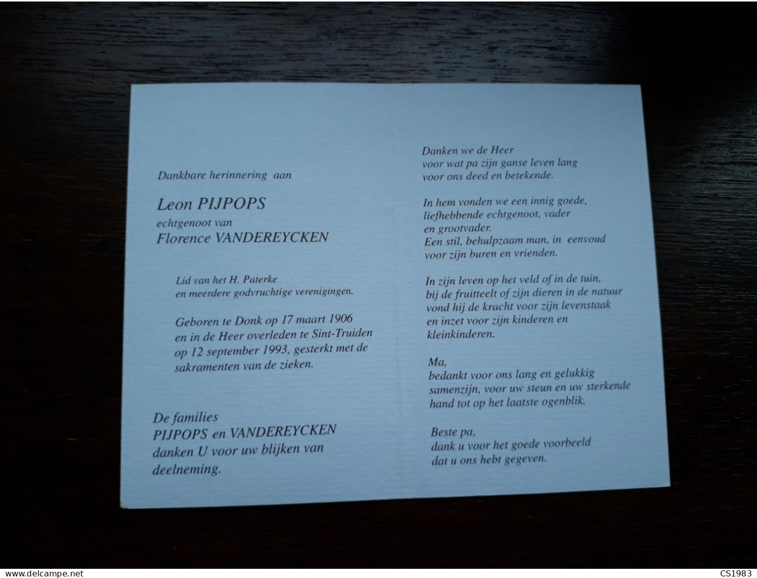 Leon Pijpops ° Donk 1906 + Sint-Truiden 1993 X Florence Vandereycken - Obituary Notices