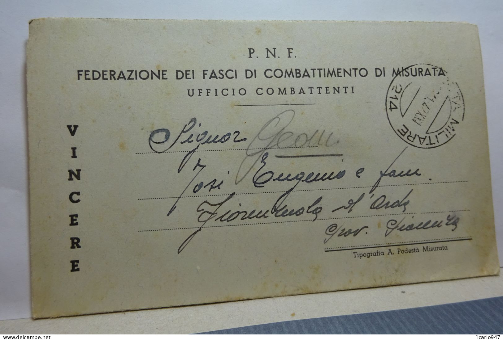 II° GUERRA  --  FRANCHIGIA  MILITARE  --  P.N.F. - FASCIO DI COMBATTIMENTO DI MISURATA - War 1939-45