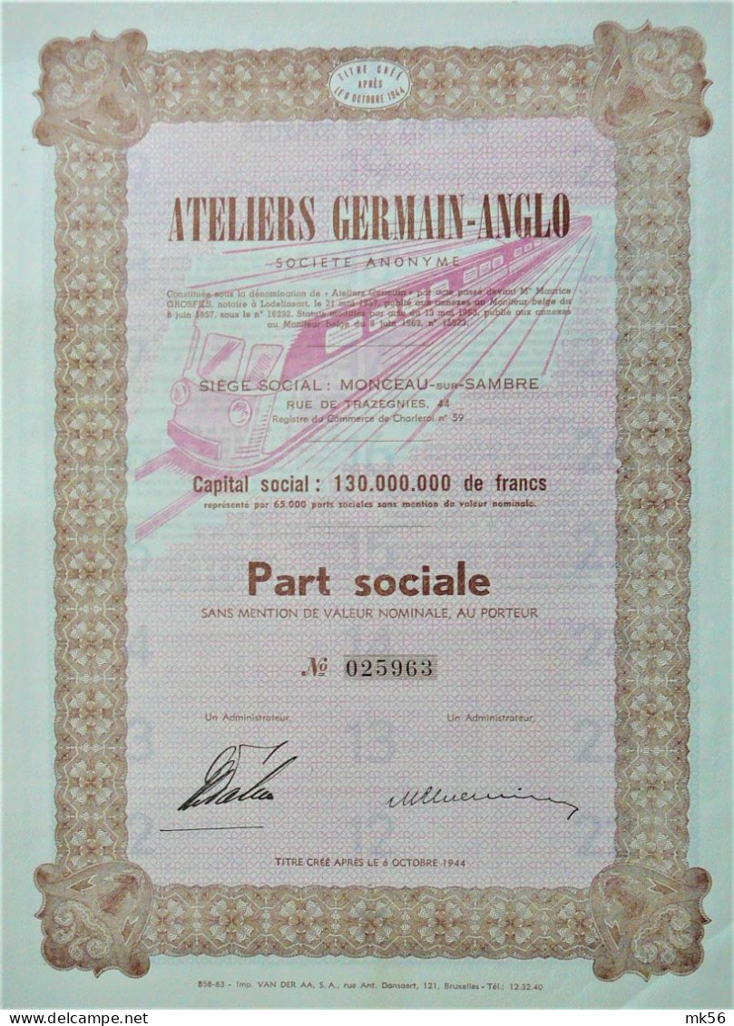 Ateliers Germain-Anglo - Monceau-sur-Sambre - Part Sociale -1963 - Spoorwegen En Trams