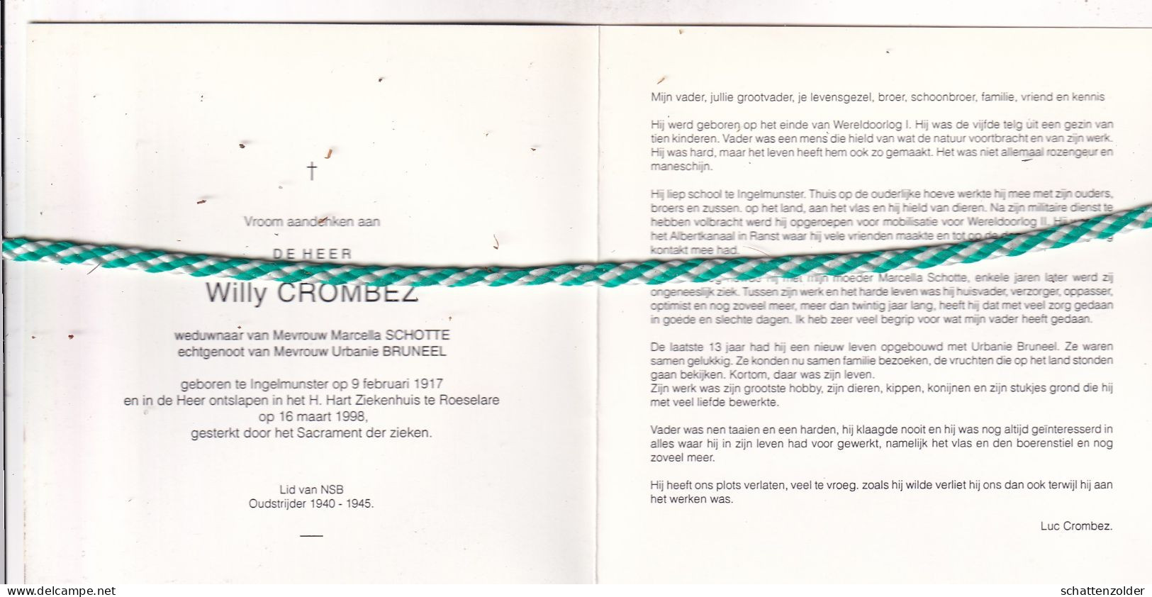 Willy Crombez-Schotte-Bruneel, Ingelmunster 1917, Roeselare 1998. Oud-strijder 40-45; Foto - Obituary Notices