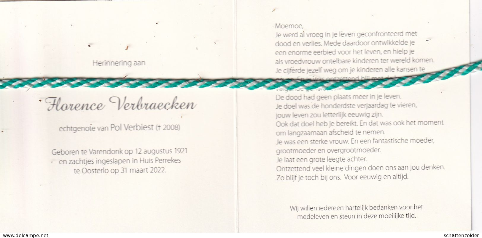 Florence Verbraecken-Verbiest, Varendonk 1921, Oosterlo 2022. Honderdjarige. Foto - Obituary Notices