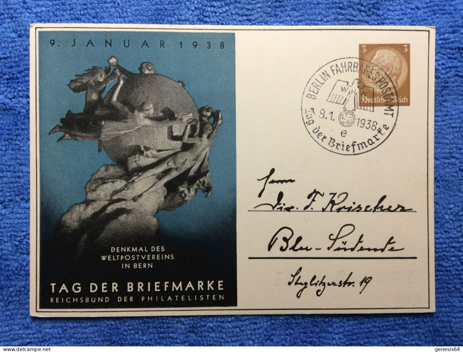 DR - PP122 C75/01 - Tag Der Briefmarke - SST "Berlin Fahrbares Postamt 8.1.1938" (1ZKPVT043) - Entiers Postaux Privés