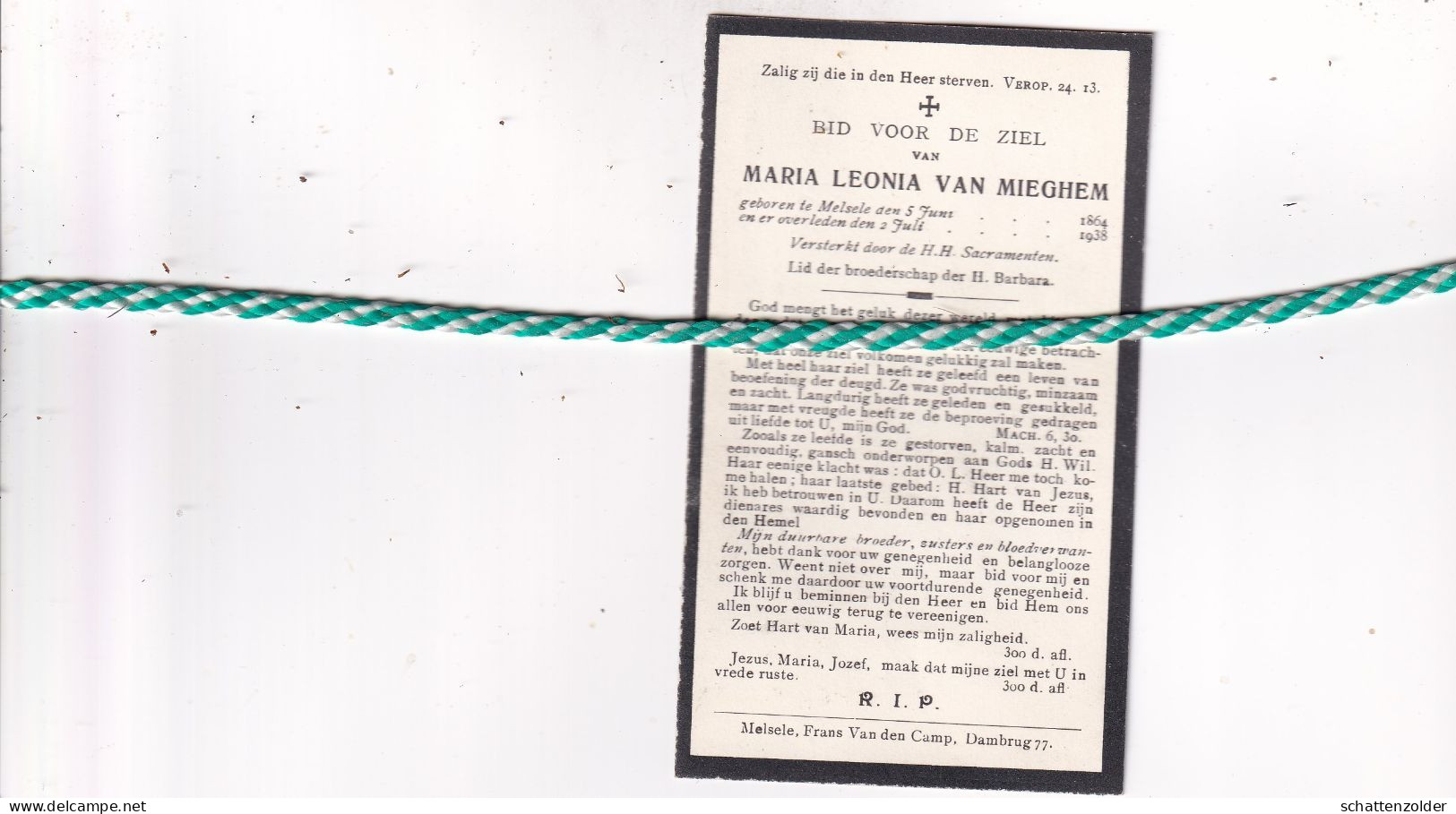 Maria Leonia Van Mieghem, Melsele 1864, 1938 - Obituary Notices