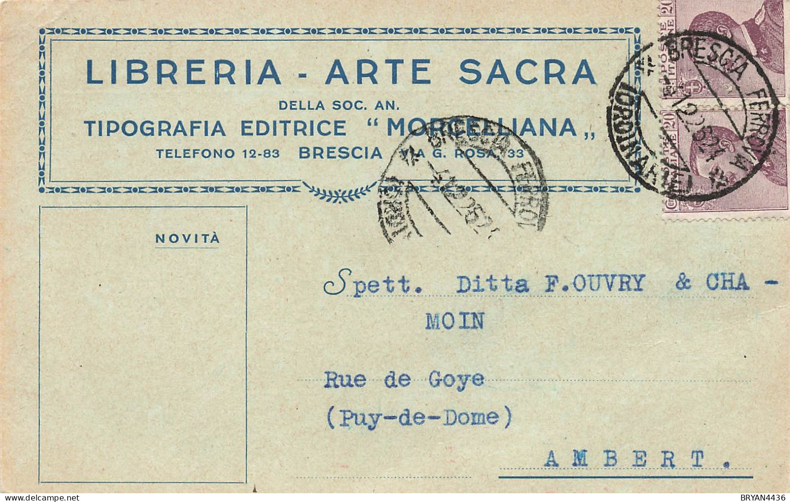 ITALIE - BRESCIA - LIBRERIA "MORCIELLIANA" - CARTE ENTÊTE OUB - Voyagée - 1929 - Marcophilia