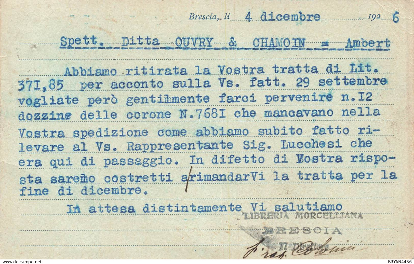 ITALIE - BRESCIA - LIBRERIA "MORCIELLIANA" - CARTE ENTÊTE OUB - Voyagée - 1929 - Marcophilie