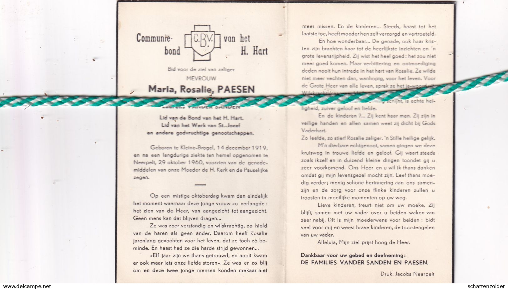 Maria Rosalie Paesen-Vander Sanden, Kleine-Brogel 1919, Neerpelt 1960 - Décès
