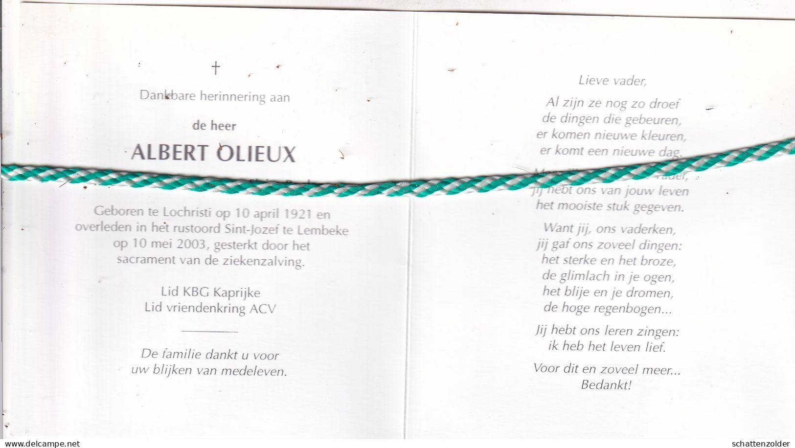 Albert Olieux-Boelens, Lochristi 1921, Lembeke 2003. Foto - Obituary Notices