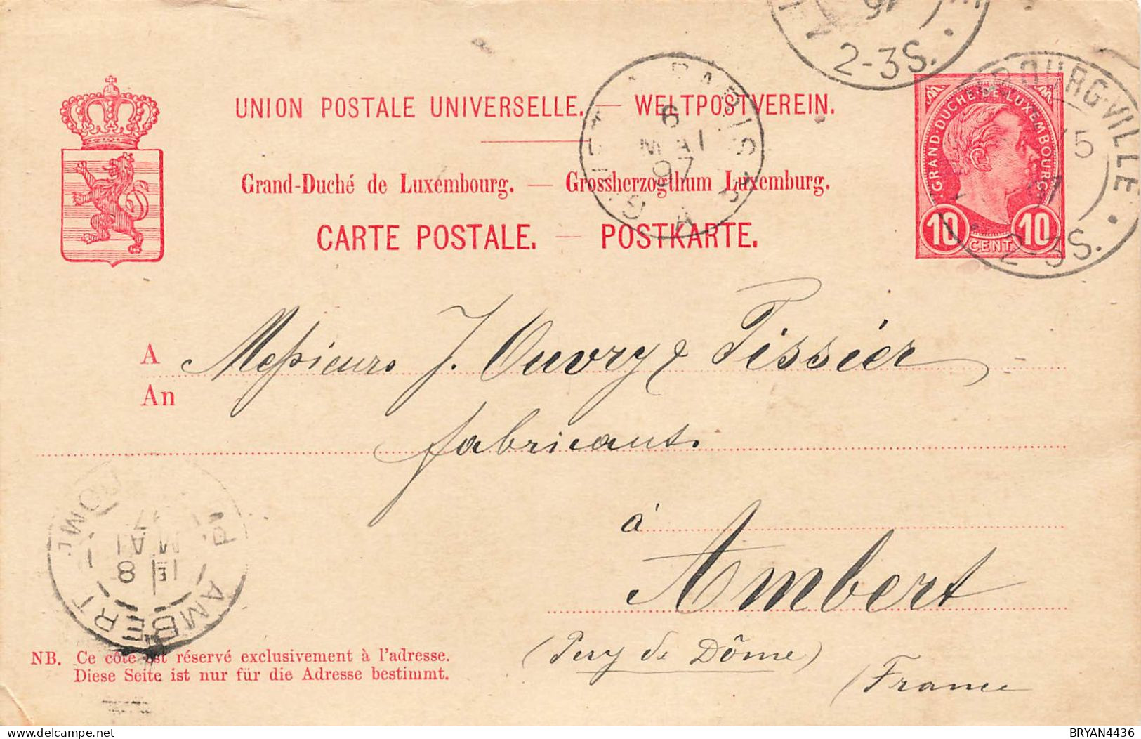 LUXEMBOURG - ENTIER POSTAL - Circulé - 1897. - 1895 Adolphe Right-hand Side