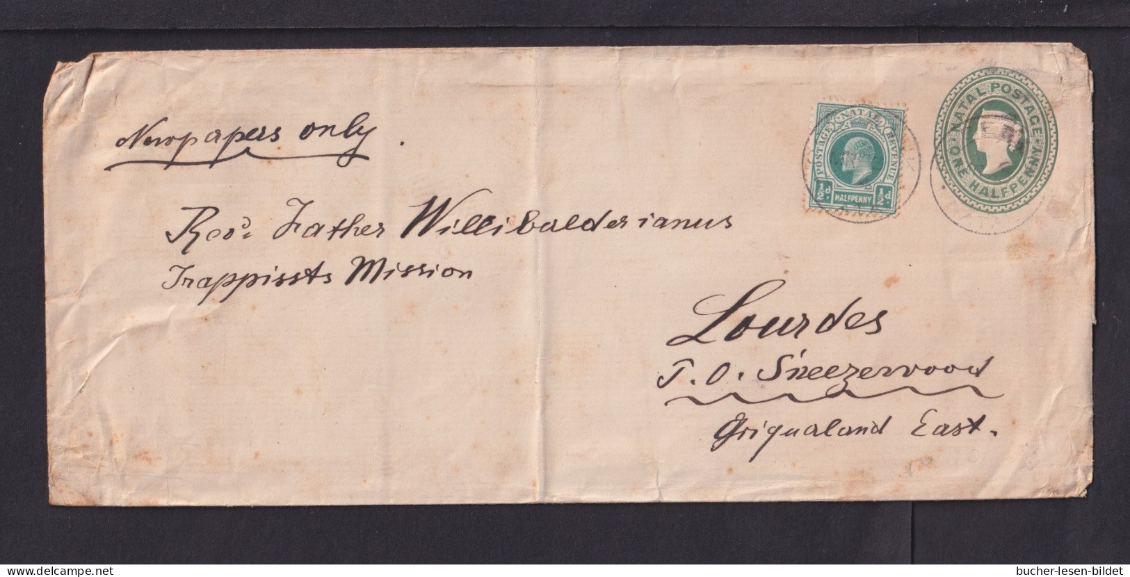 1/2 P. Langformatige Ganzsache Mit 1/2 P. Zufrankiert Nach Lourdes - Natal (1857-1909)