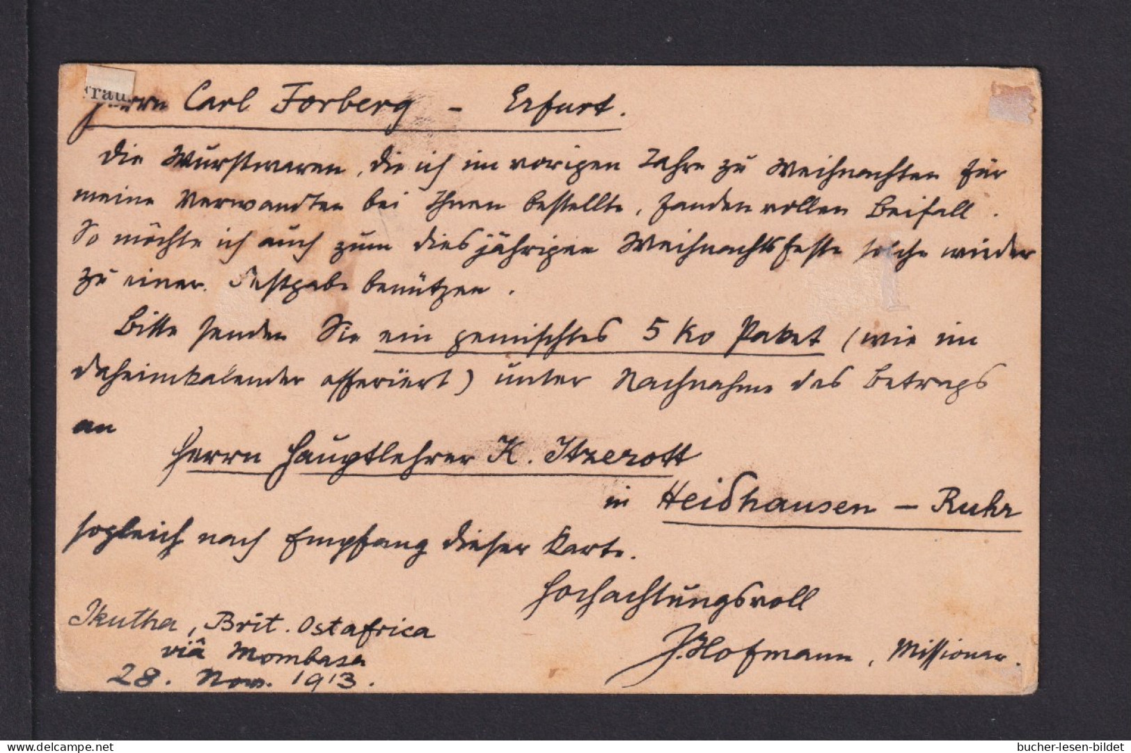 1913 - 6 C. Ganzsache Aus IKUTHA, Aufgabe In KIBWEZI Nach Erfurt - Herrschaften Von Ostafrika Und Uganda
