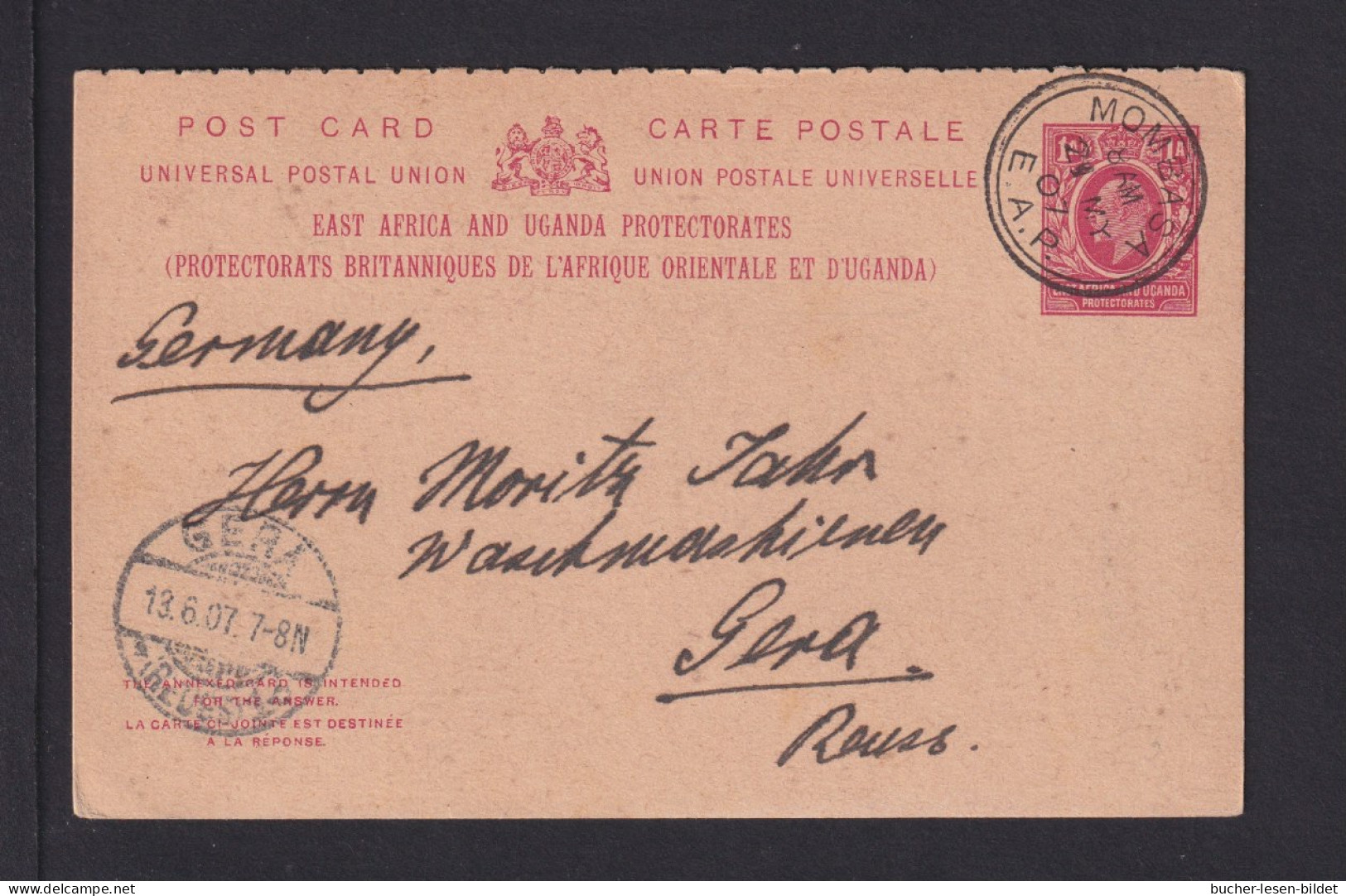 1907 - 1 A. Frage-Ganzsache (P 4F) Ab Mombasa Nach Gera - British East Africa