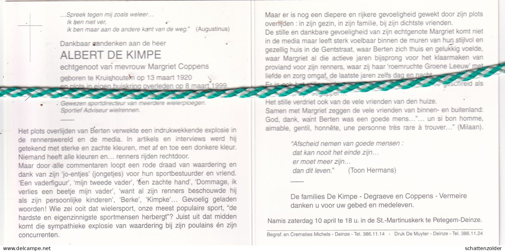 Albert De Kimpe-Coppens, Kruishoutem 1920, 1999. Medestichter Rijwielen "Groene Leeuw", Sportdirecteur Wielerploeg.Foto - Obituary Notices