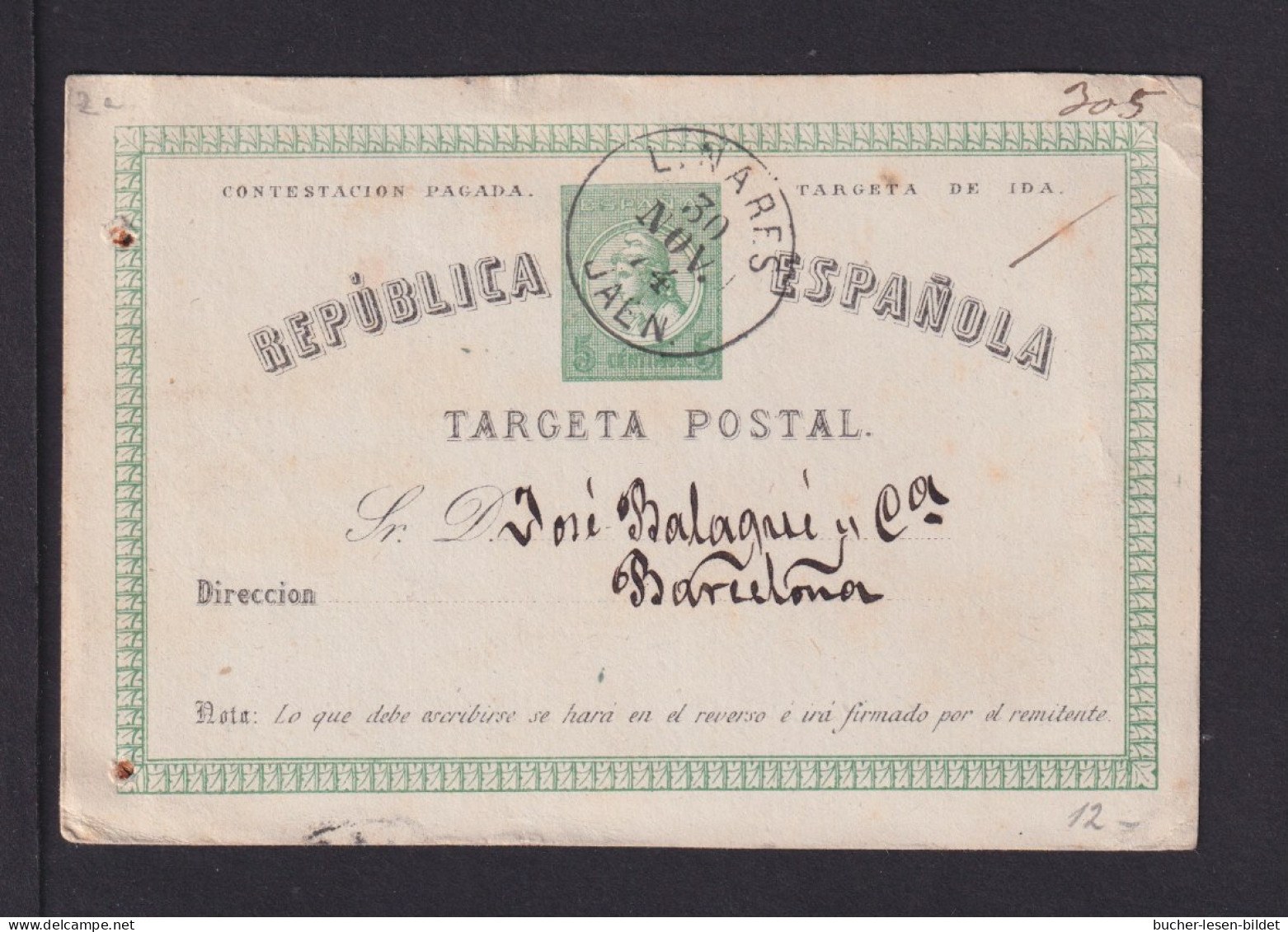 1874 - 5 C. Frage-Ganzsache Ab LINARES Nach Barcelona - 1850-1931