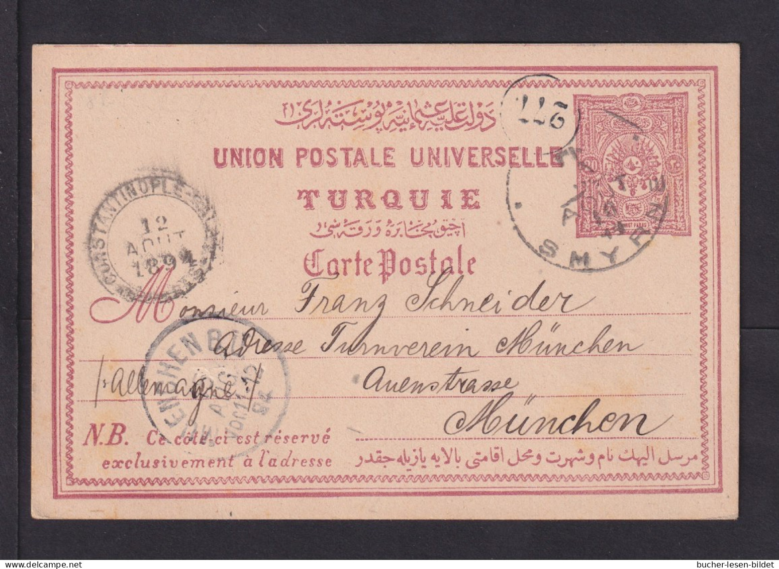 1894 - 20 Pf. Ganzsachen Ab SMYRNA Nach München - Bahnpoststempel - Lettres & Documents