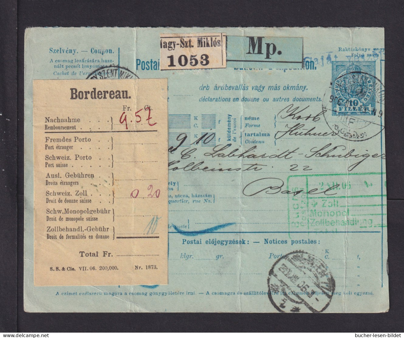 1906 - 10 F. Paket-Ganzsache Ab Ngy-Szt. Miklos Nach Basel - Covers & Documents