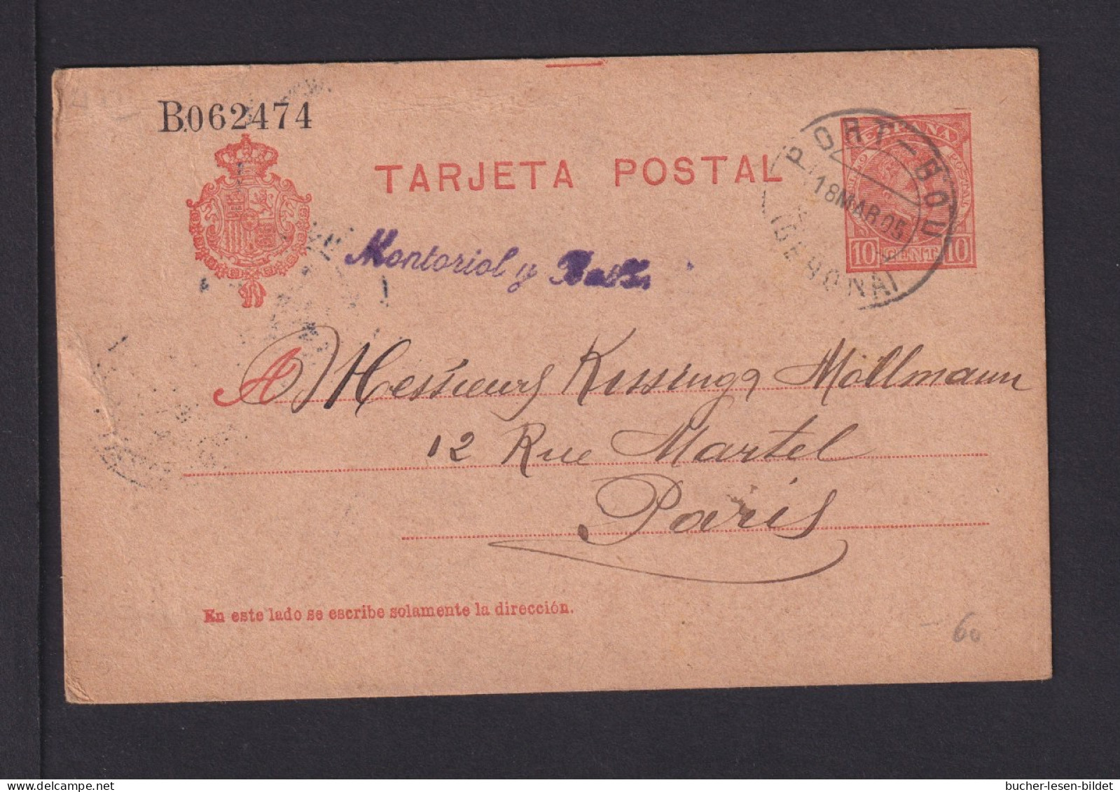 1905 - 10 C. Ganzsache (P 41) Ab PORT-BOU Nach Paris - 1850-1931