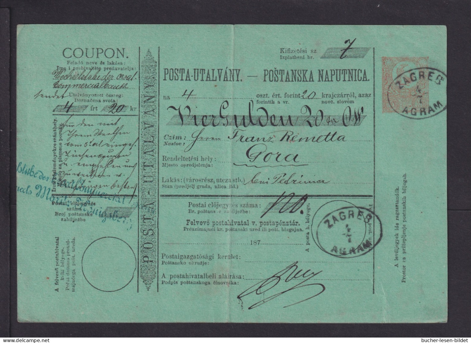 1874 - 5 Kr. Postanweisung-Ganzsache Ab ZAGREB - Lettres & Documents