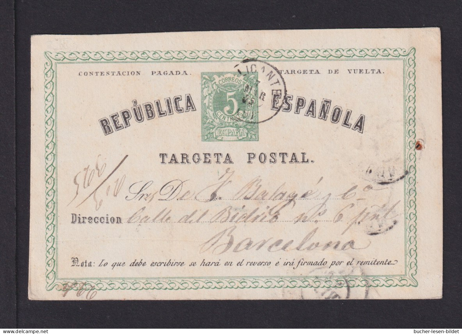 1875 - 5 C. Antwort-Ganzsache (P 2IA) Ab Alicante Nach Barcelona - 1850-1931