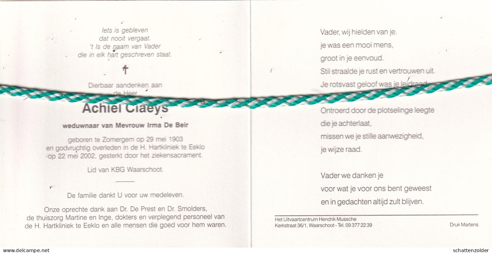 Achiel Claeys-De Beir, Zomergem 1903, Eeklo 2002. - Obituary Notices
