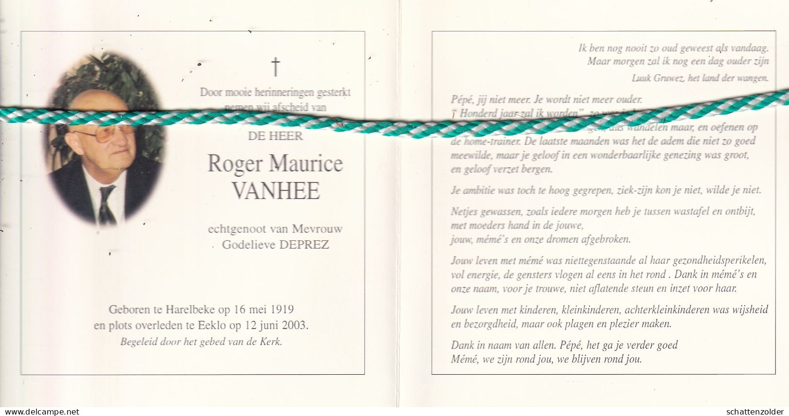 Roger Maurice Vanhee-Deprez, Harelbeke 1919, Eeklo 2003. Foto - Obituary Notices