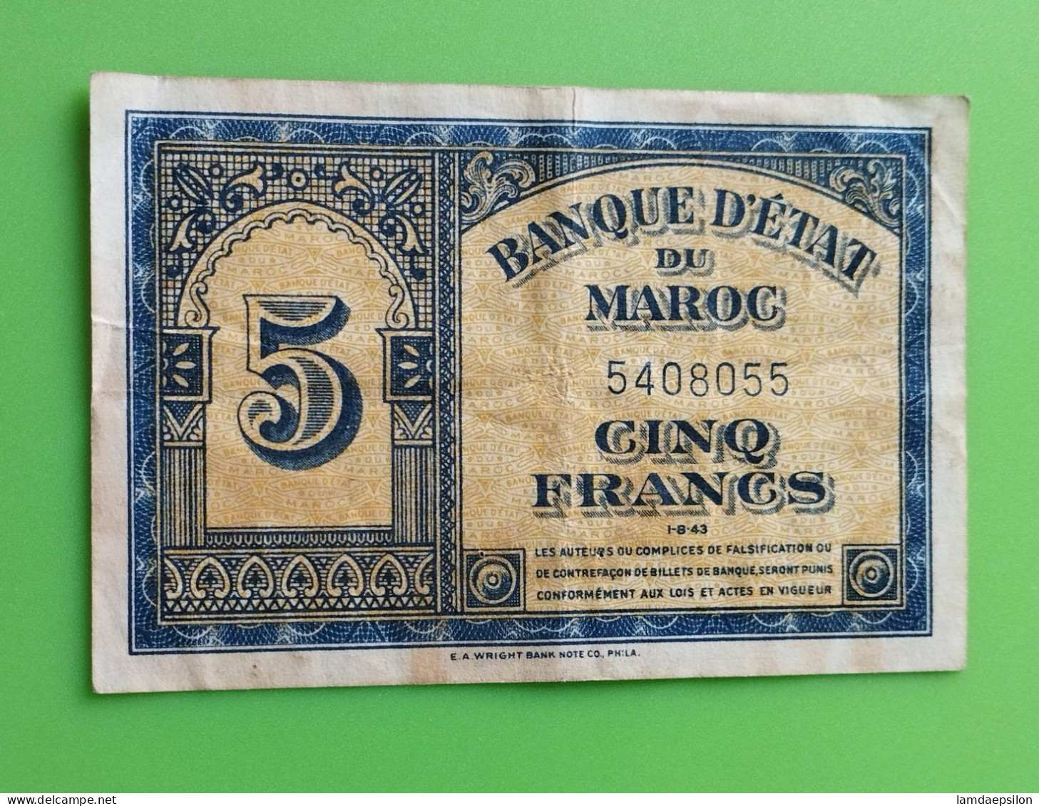 BANQUE D'ETAT DU  MAROC MOROCCO  MARRUECOS 5 FRANCS 01-08-1943 - Maroc