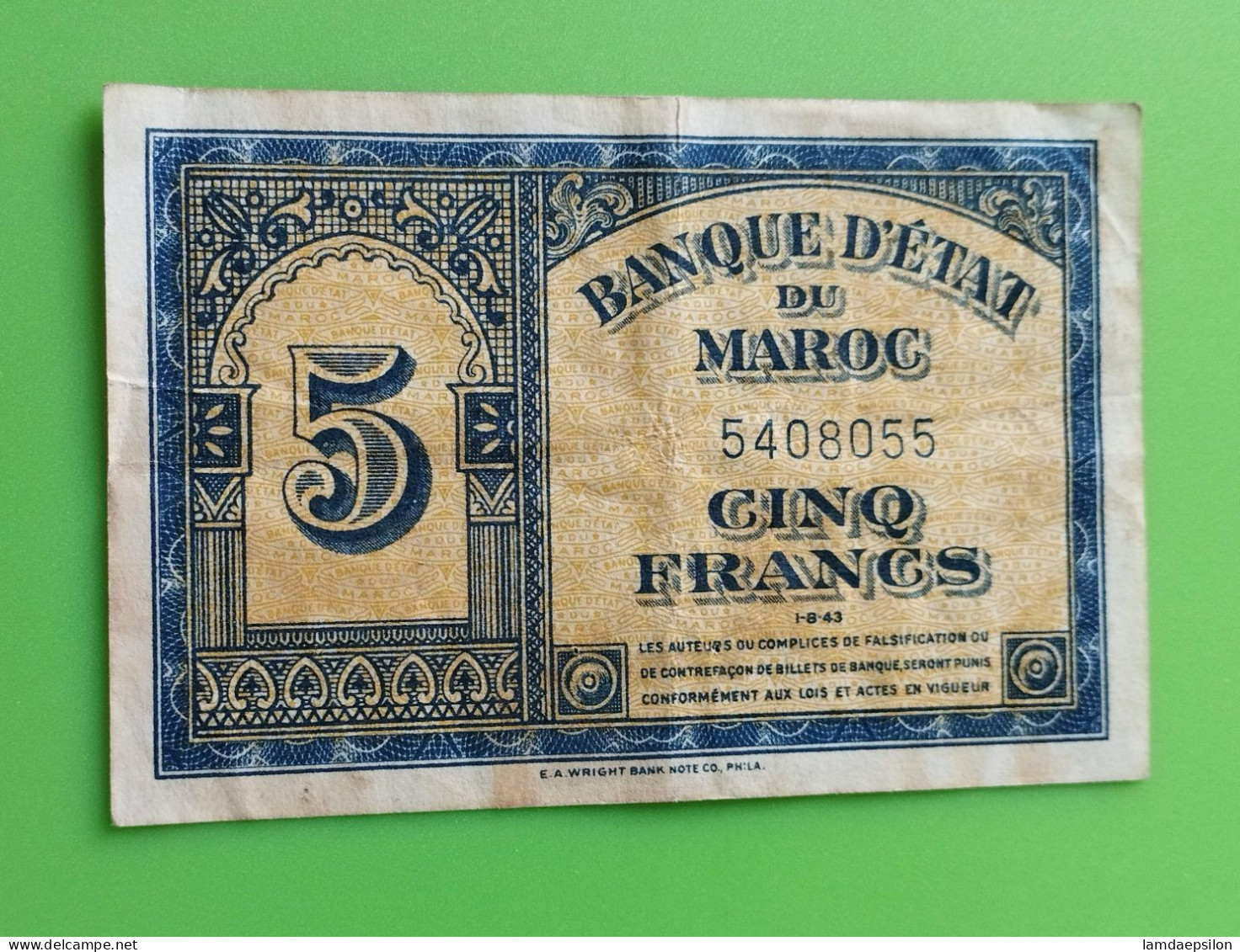 BANQUE D'ETAT DU  MAROC MOROCCO  MARRUECOS 5 FRANCS 01-08-1943 - Maroc