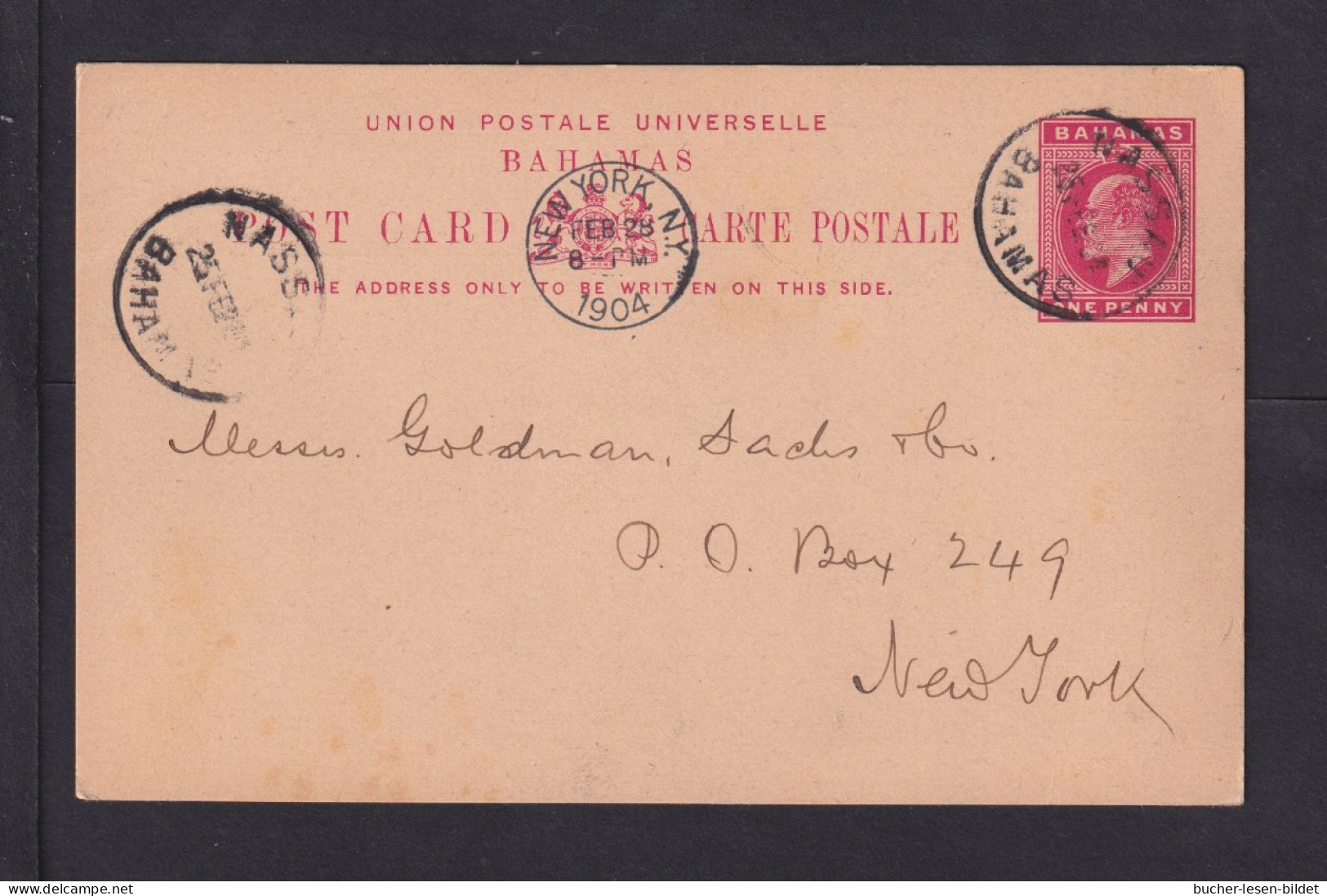 1904 - 1 P. Ganzsache (P 7) Mit Zudruck Ab Nassau Nach New York - 1859-1963 Crown Colony