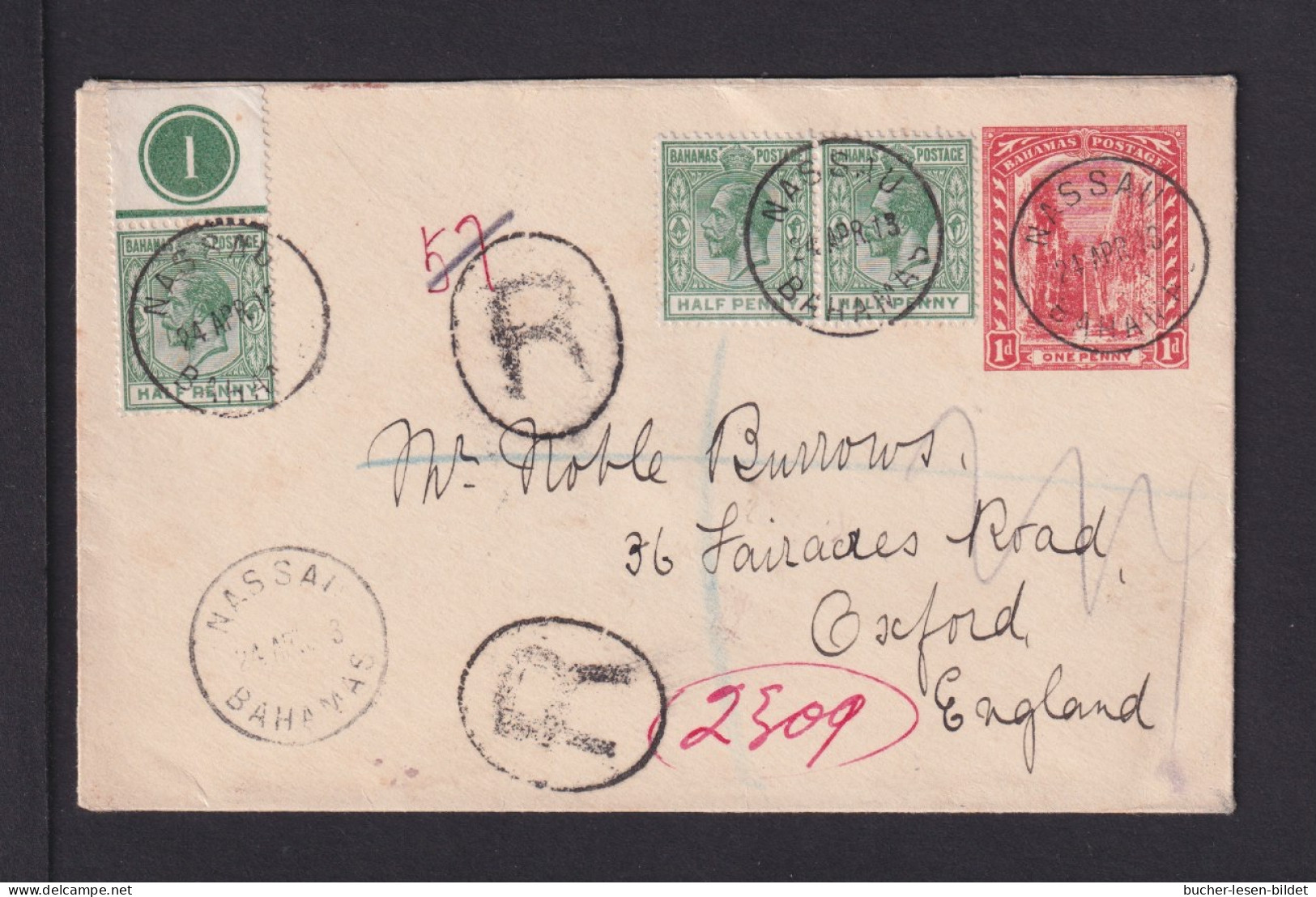 1913 - 1 P. Ganzsache Mit Zufrankatur Als Einschreiben Ab Nassau Nach Oxford - 1859-1963 Colonie Britannique