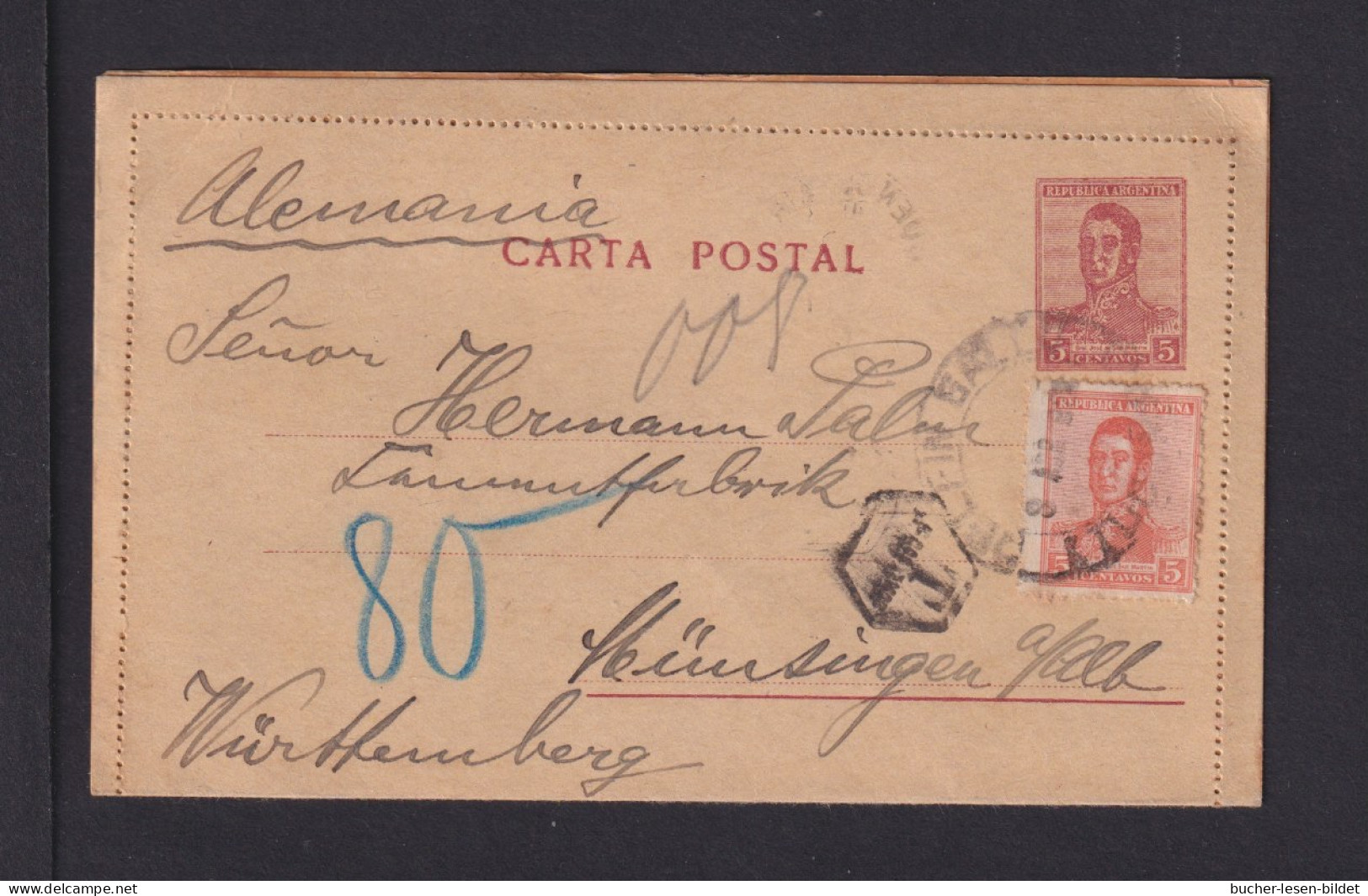1921 - 5 C. Ganzsache Mit 5 C. Zufrankiert Ab Buenos Aires Nach Deutschland - Nachporto - Covers & Documents