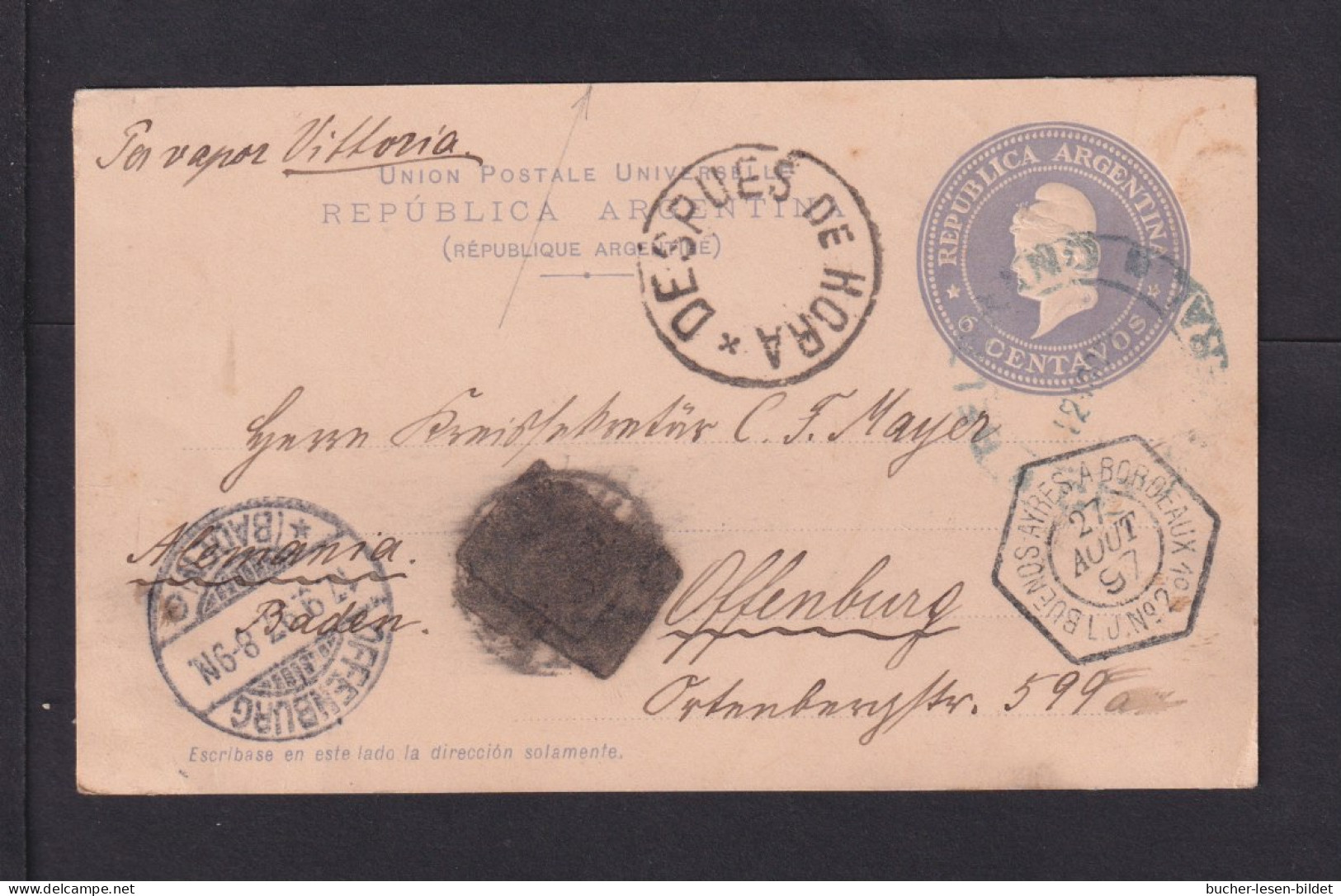 1897 - 6 C. Ganzsache Ab Buenos Aires Nach Offenburg - 1 Nebenstempel Geschwärzt - Covers & Documents