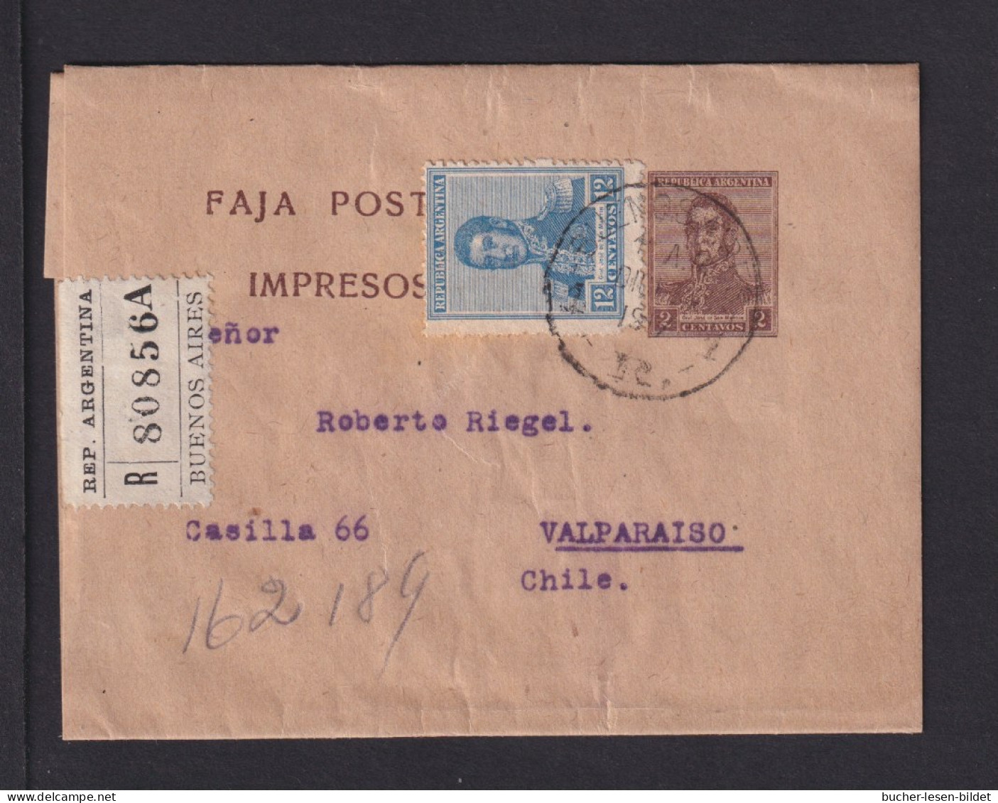 2 C. Ganzsache (Streifband) Mit 12 C. Zufrankiert Als Einschreiben Ab Buenos Aires Nach Chile - Cartas & Documentos
