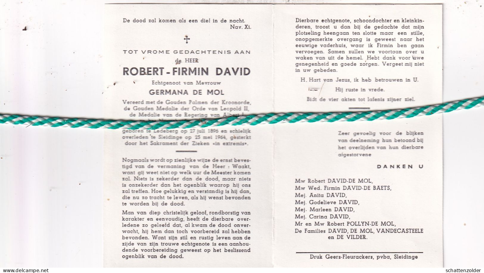 Robert Firmin David-De Mol, Ledeberg 1896; Sleidinge 1964 - Obituary Notices