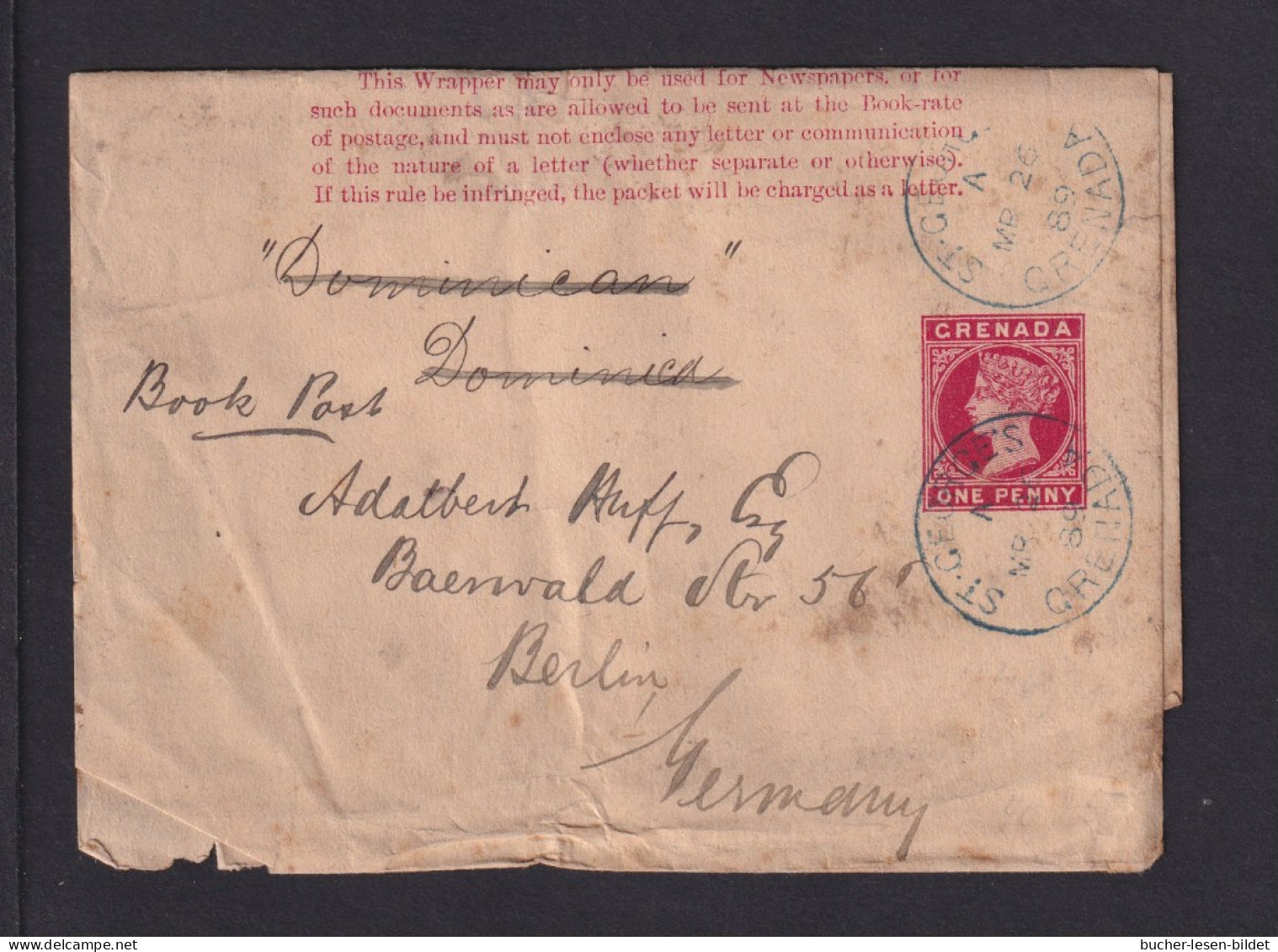 1889 - 1 P. Ganzsache Mit Blauem Stempel ST. GEORGES Nach Berlin - Grenada (...-1974)
