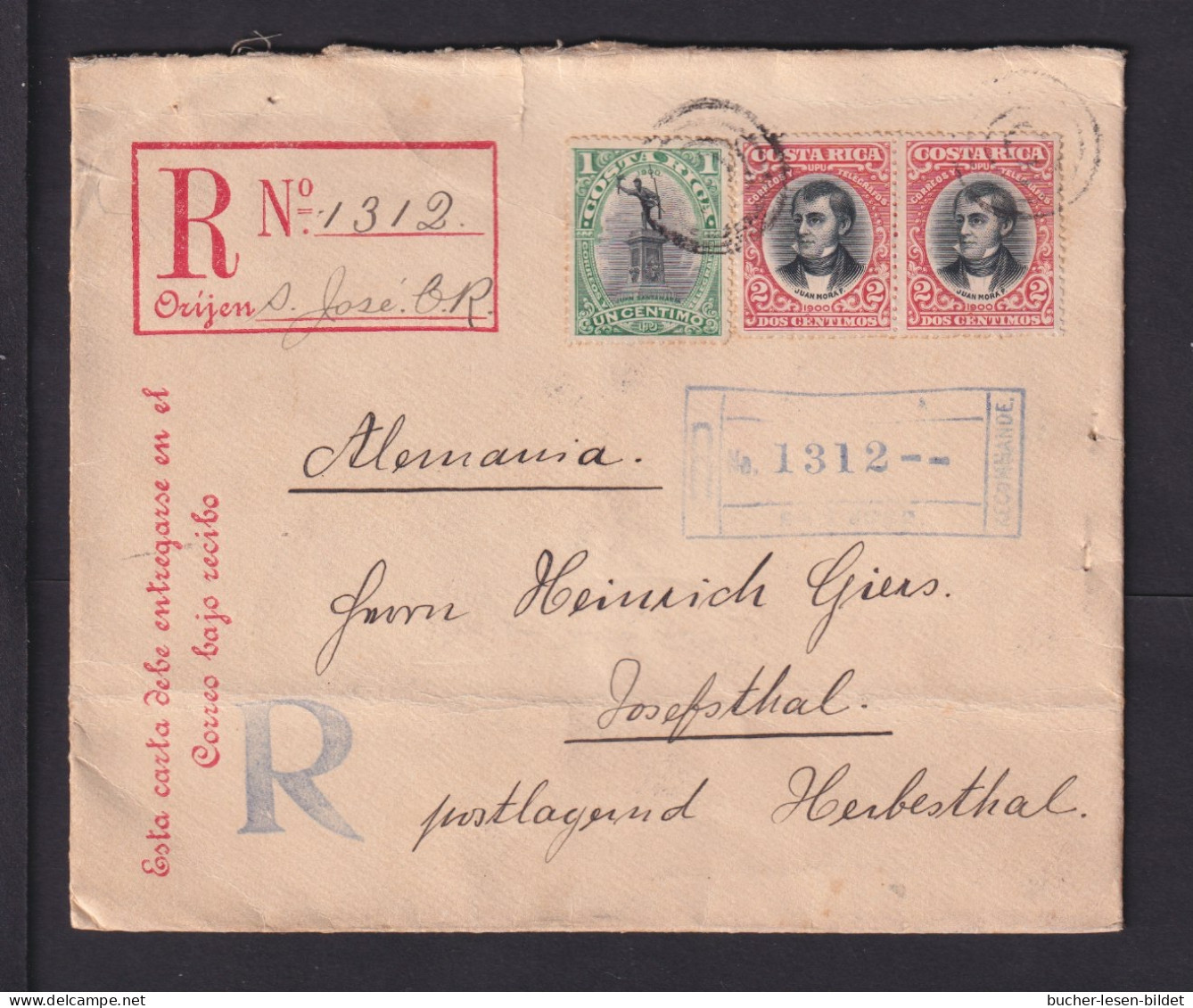 1904 - 20 C. Einschreib-Ganzsache (EU 1) Mit Zufrankatur Ab San Jose Nach Deutschland - Costa Rica
