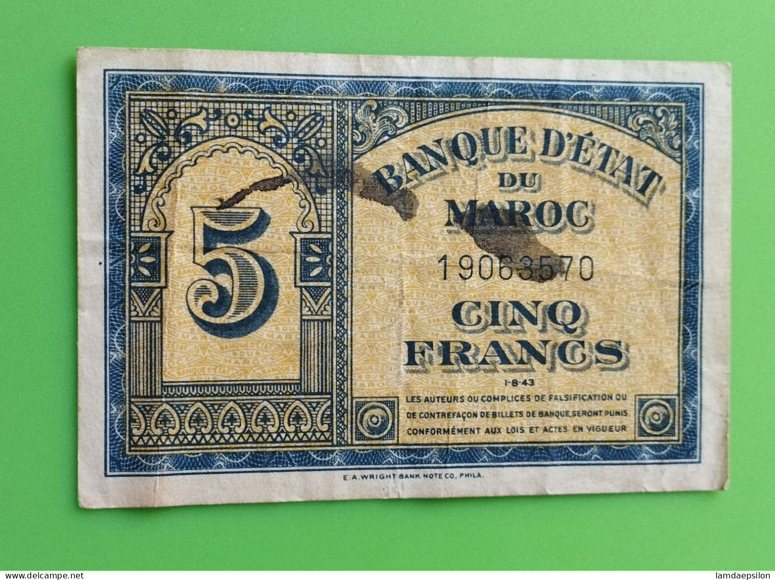 BANQUE D'ETAT DU  MAROC MOROCCO  MARRUECOS 5 FRANCS 01-08-1943.. - Marokko