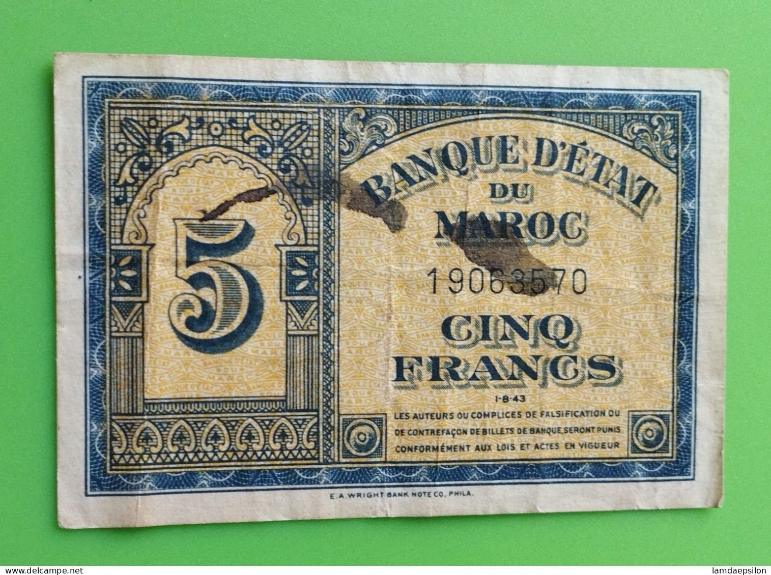 BANQUE D'ETAT DU  MAROC MOROCCO  MARRUECOS 5 FRANCS 01-08-1943.. - Maroc