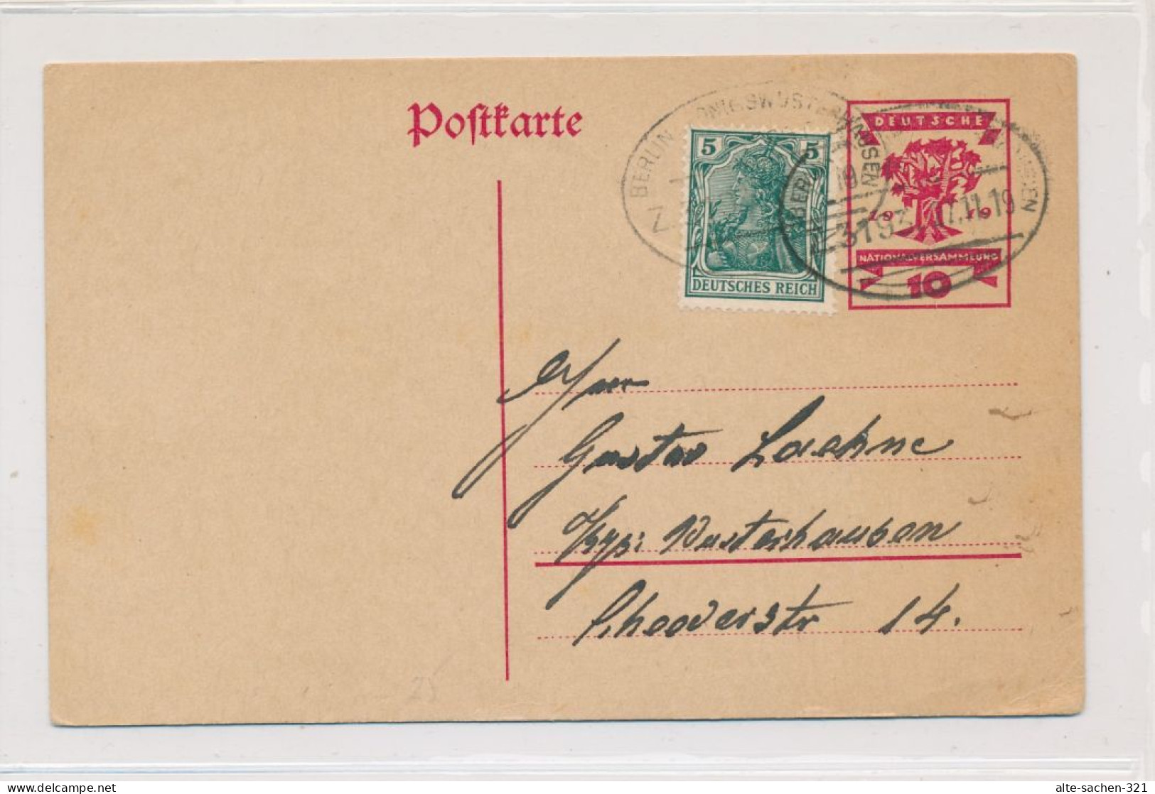 1919 Ganzsache DR Nationalversammlung 10 Pf Mit Zusatzfrankatur Bahnpoststempel Berlin Königswusterhausen - Postcards