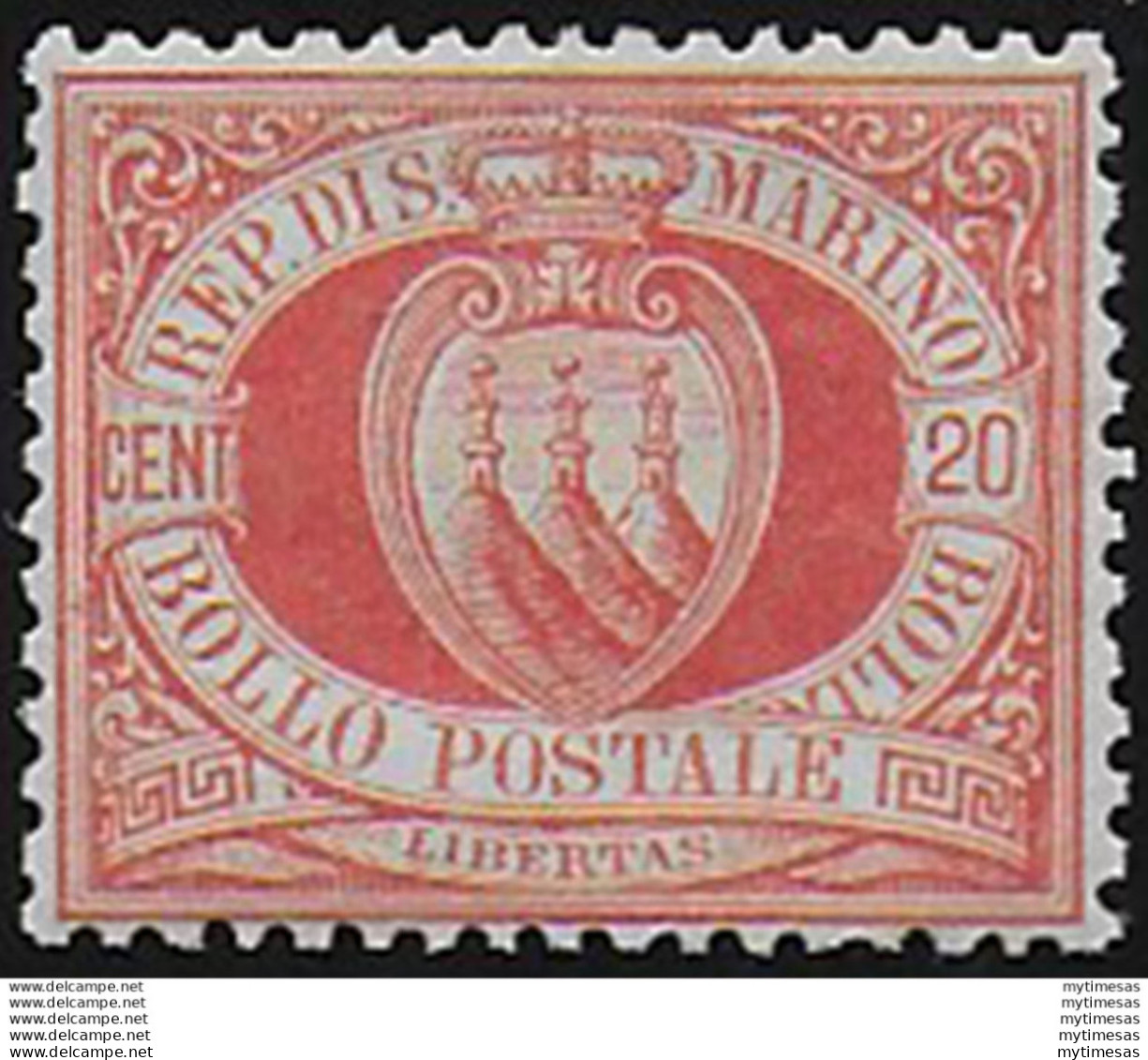 1877 San Marino Stemma 20c. Rosso Bc MNH Sassone N. 4 - Other & Unclassified