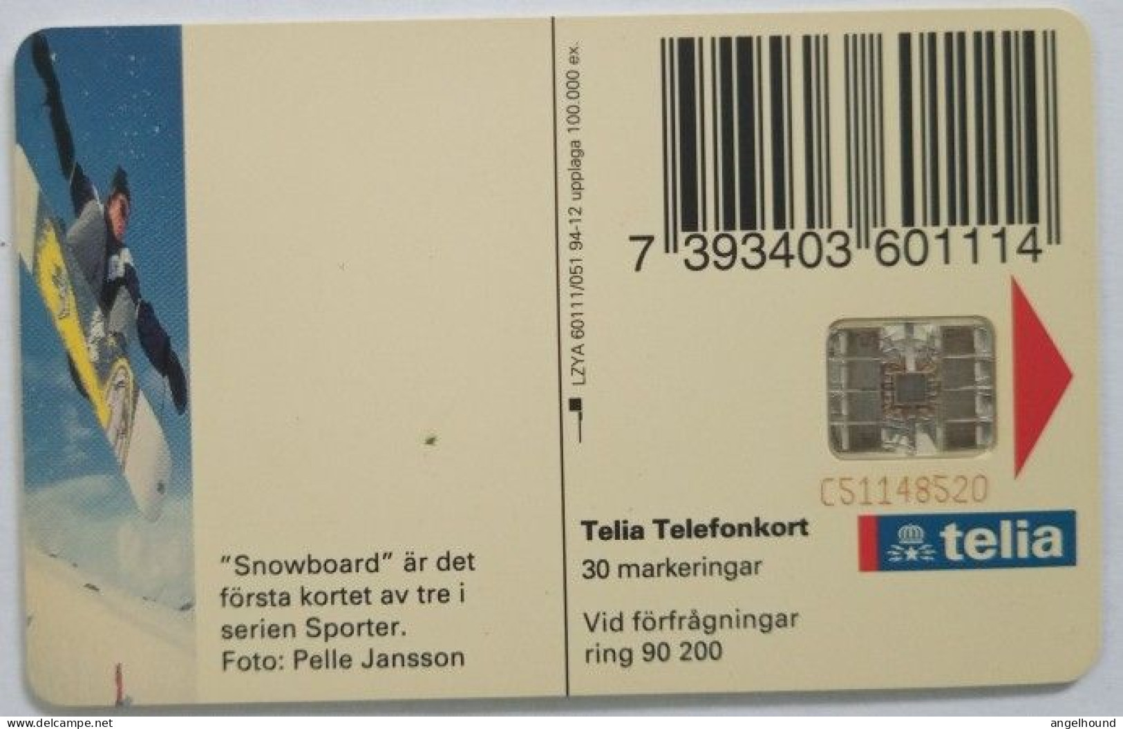 Sweden 30Mk. Chip Card - Snowboard - Sweden