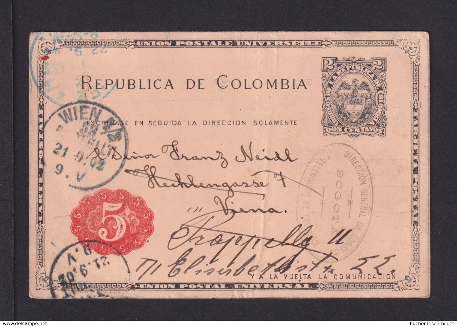 1902 - 5 Auf 2 C. Ganzsache (P 14) Ab Bogota Nach Wien - Bug - Colombie