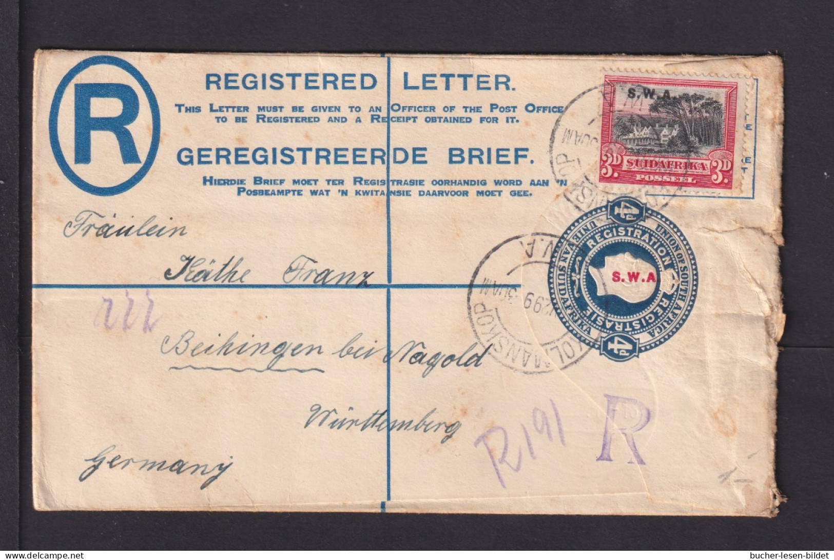 1929 - 4 P. Überdruck-Einschreib-Ganzsache Mit Zufrankatur Ab KOLMANSKOP Nach Beihingen - South West Africa (1923-1990)