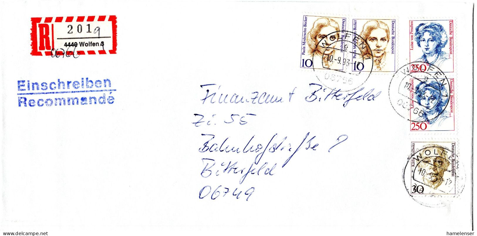 L78928 - Bund - 1993 - 2@250Pfg Frauen MiF A R-Bf WOLFEN -> Bitterfeld, R-Zettel M Handschriftl Korrigierter PLZ - Lettres & Documents