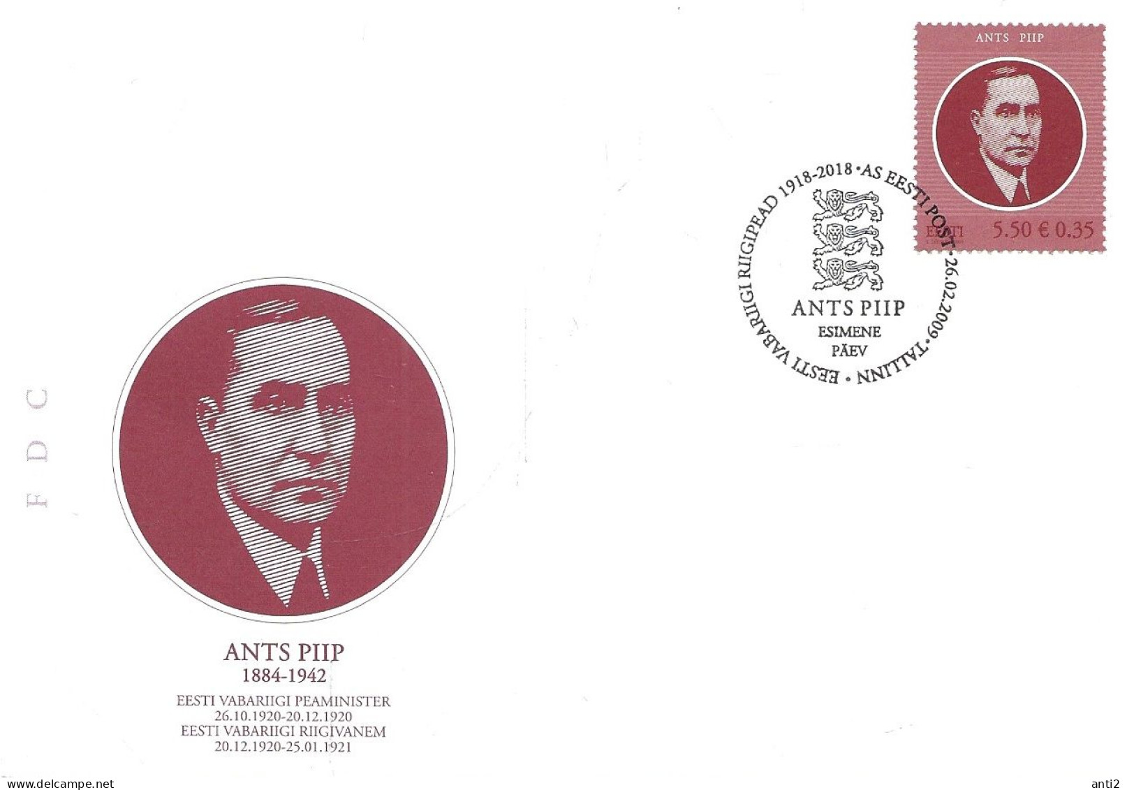 Estonia Eesti Estland 2009 Heads Of State (II), Ants Piip (1884-1942), Head Of State 1920-1921  Mi 633  FDC - Estonie