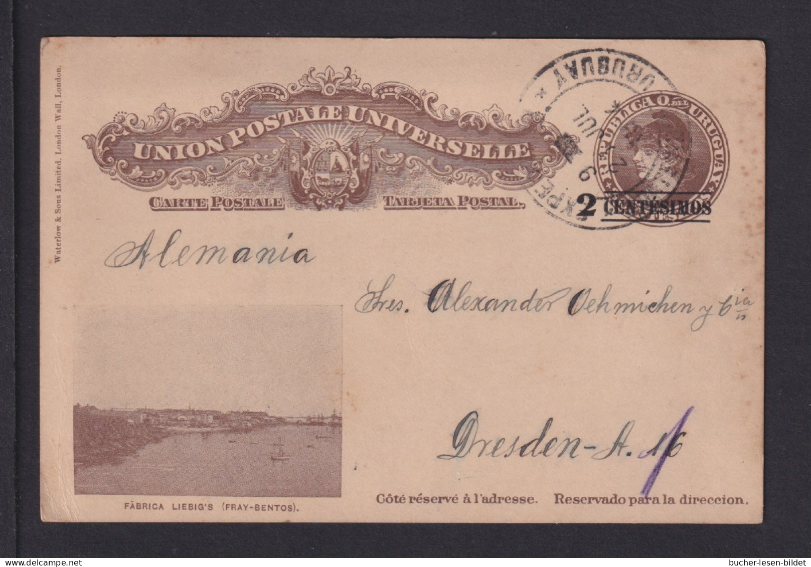 1914 - 2 C. Überdruck-Bild-Ganzsache (P 56) Fabrica Liebig's - Ab Montevideo Nach Dresden - Uruguay