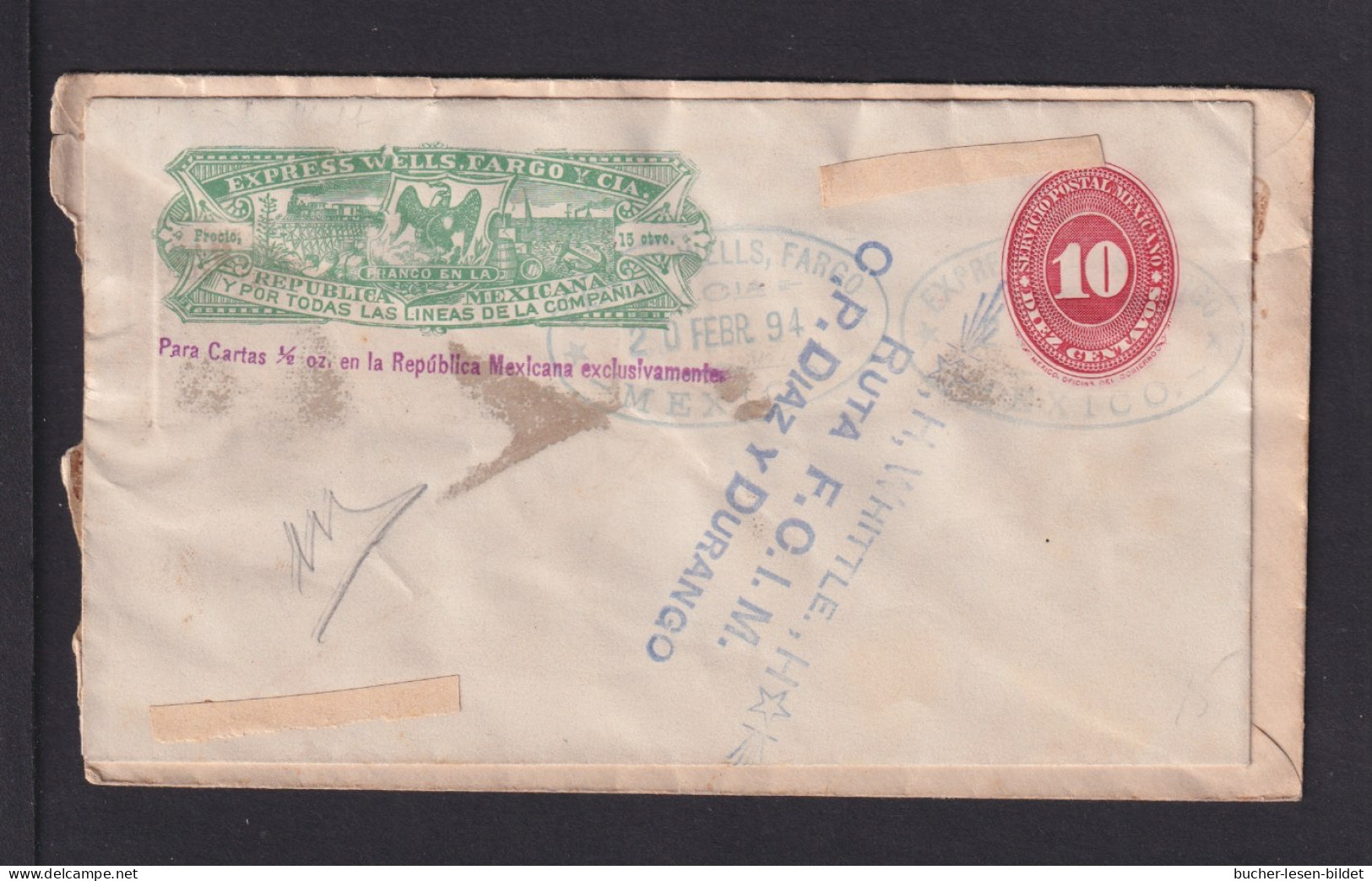 1894 - 10 C. Wells-Fargo Ganzsache Als Frankatur Rückseitig Auf Brief Aus Mexico Nach Catalina - Mexique