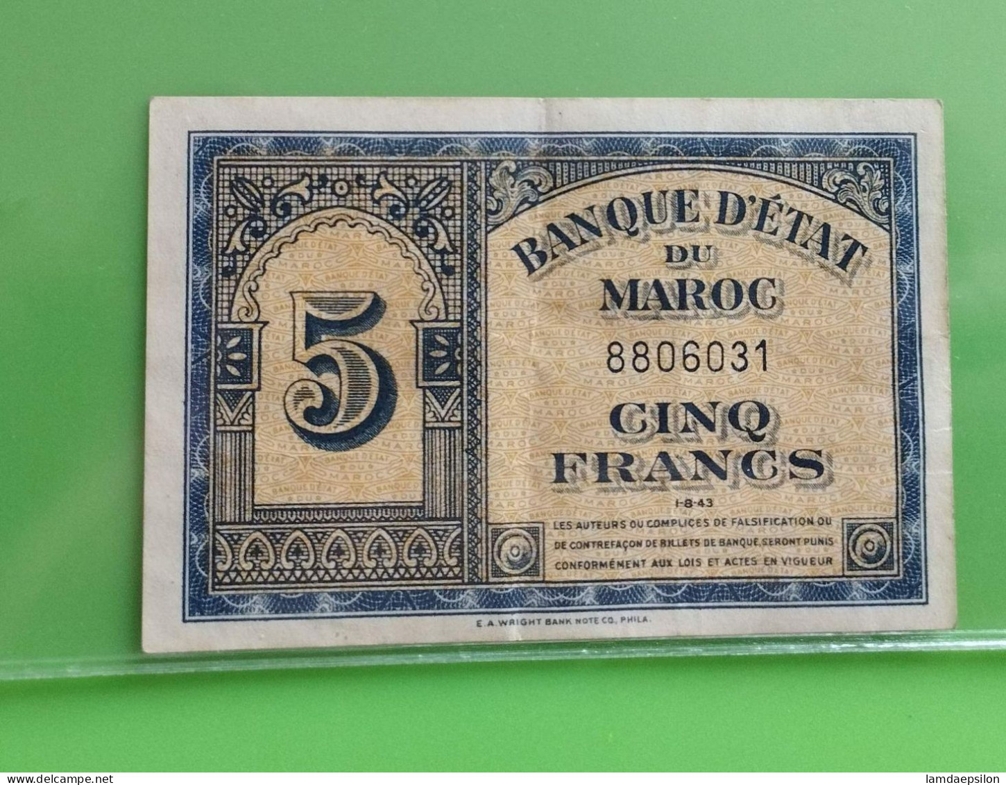 BANQUE D'ETAT DU  MAROC MOROCCO  MARRUECOS 5 FRANCS 01-08-1943.... - Marokko