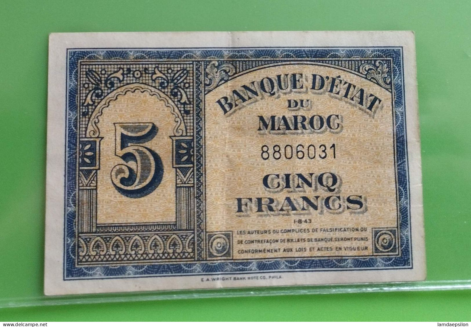 BANQUE D'ETAT DU  MAROC MOROCCO  MARRUECOS 5 FRANCS 01-08-1943.... - Maroc