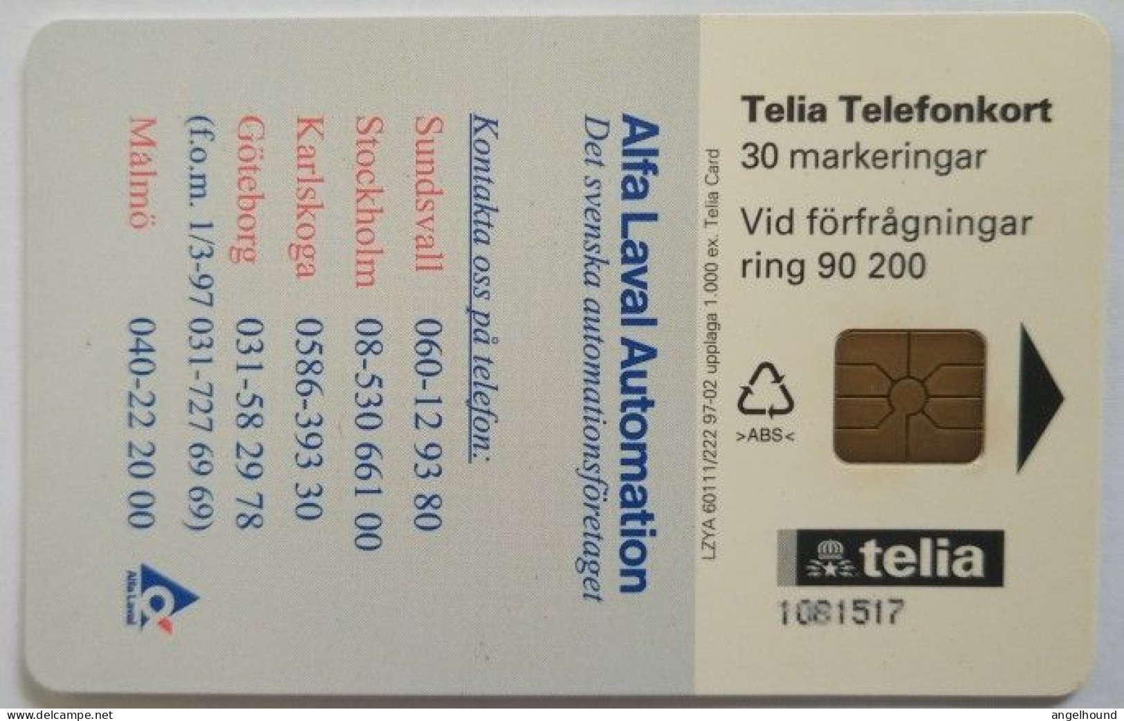 Sweden 30Mk. Chip Card - Alfa Laval Automation ( 1,000 Mintage ) - Suède